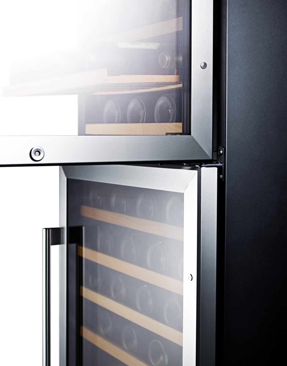 Dual zone 118 bottle commercial wine cellar designed for the display and refrigeration of beverages, with two glass doors and digital thermostats; for built-in or freestanding use